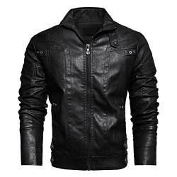 Herren Lederjacken Herbst und Winter PU Lederjacke Stehkragen mit Samt und dickem Motorradmantel Winterjacke Herren Fell (Black, M) von Generisch