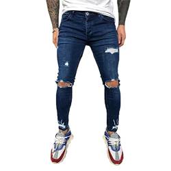 Herren Stretch Slim Fit Ripped Pants Skinny Denim Jeans Biker Jeans Taped Slim Fit Denim Pants (XL,Navy Blau) von Generisch
