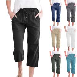 Hose Damen Baumwolle Leinen Sommerhose 7/8 Casual Leichte Leinenhose Stoffhose Einfarbig Freizeithose Bequeme Luftige Strandhose mit Taschen Kleidung Sommer Hosen Blitzangebote Des Tages Schwarz XL von Generisch