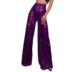 Hose Damen Schlaghose Festliche Hosen Elegant Mit Glitzer High Waist Outdoorhose Stretch Elastisch Bequeme Taschen Weites Bein Lang Hohe Taille Freizeithose Bootcut Freizeithosen (Purple, M) von Generisch