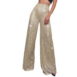 Hose Damen Schlaghose Festliche Hosen Elegant Mit Glitzer High Waist Outdoorhose Stretch Elastisch Bequeme Taschen Weites Bein Lang Hohe Taille Freizeithose Bootcut Freizeithosen (Rose Gold, S) von Generisch