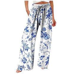 Hose Weites Bein Damen Sommer,Schlafhose Damen Damen Casual Loose High Waist Baumwolle Leinen Weit Geschnittene Lange Hosen Mit Taschen Sommerhosen Damen Leicht Und Luftig Coole (Blau,XL) von Generisch