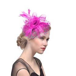 Hut für Damen, Teeparty, Stirnband, Hochzeit, Blume, Cocktail, Netzfedern, Haarspange, High-End-Stirnbänder für Damen (Hot Pink, Einheitsgröße) von Generisch