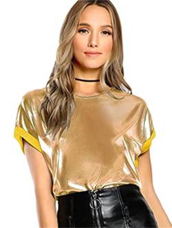 JIER Damen Metallic Shirt Top Glänzend T-Shirt Kurzarm Oberteil Mehrfarbig Oberteil Kurzarm Rundhals Bluse T-Shirt Freizeitshirt Casual Tee Shirts (Gold,L,L) von Generisch