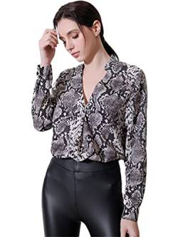 JIER Damen V-Ausschnitt Drucken Chiffon Shirt Schlangenmuster Hemd Sexy Langarmshirt Freizeithemd mit Knopfleiste Bluse Oberteile Langarmhemd Top (Serpentine1,S,S) von Generisch