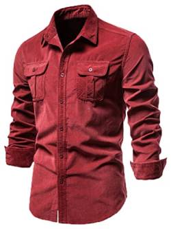 `JIER Männer Einfarbig Revers Cordhemd Herren Shirt Herren Hemden Slim Fit Langarmshirt Herrenhemden Hemdjacke Freizeithemd Shirt (Rot,M,M) von Generisch