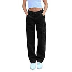 Jeans Mädchen 158/164 Damen Jeans Wide Leg Straight Demin Cargohose Freizeithose mit Tasche Tumbler Kleidung Für Teenager (Black, L) von Generisch