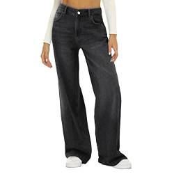 Jeanshose Damen Hose Weites Bein Hole High Waist Zerrissene Dünne Stretch Outdoorhose Mid Hosen Gerade Lässige Damenhose Blau Relaxhose Damenjeans Lang Elegant Jogginghose Outdoor (ZiB-Black, M) von Generisch