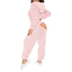 Jumpsuit Damen Teddy Fleece Einteiler Overall Anzug Flauschig Schlafanzug Winter Warm Onesie Plüsch Kuschelig Overall Hausanzug Lang Schlafoverall Weich Pyjama Schlafanzug mit Kapuze Reißverschluss von Generisch