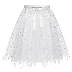 Karneval Tüllrock Damen Erwachsene Glitzernder Tütü Röcke Puffy 80er Tüll Unterrock Minirock Petticoat Tanzkleid Kurz Dehnbaren Tutu Rock Erwachsene Ballettrock Tüllrock Ballett Tanzen (White, B) von Generisch