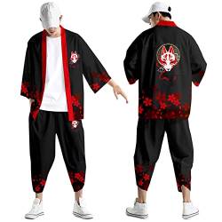 Kimono Set Herren Japanischer Mehrfarbiger Druck Lose Strickjacke Sommer 3/4 Ärmel Kimono Kurzarm Funky Bunte Nationaldruck Japanische Bademäntel Baggy Nachthemd Strand Shirt T-Shirt Set, Schwarz, von Generisch