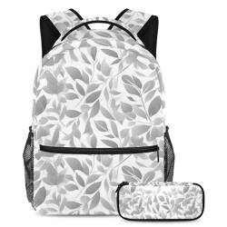 Kinder-Schultaschen-Set, Rucksack mit Federmäppchen für Jungen, Mädchen, Teenager, Reisebuchtasche für Studenten, weißes Blattmuster, 2-teilig, mehrfarbig, B：29.4x20x40cm P：19x7.5x3.8cm, von Generisch