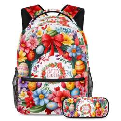 Kinder-Schultaschen-Set mit Rucksack und Federmäppchen, große Kapazität, Reisebuchtasche für Jungen, Mädchen, Teenager, roter Osterkranz, 2-teilig, mehrfarbig, B：29.4x20x40cm P：19x7.5x3.8cm, von Generisch