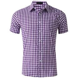 Klassisch Kariertes Kurzarmhemd Für Herren Lässige Regular Fit Button Down Hemden Modernes Bequemes Slim Hemd (L,Lila) von Generisch