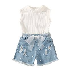 Kleinkind Kinder Baby Mädchen ärmellose Weste T-Shirt Tops Denim zerrissene Jeans Shorts 2er Set Sommer Outfits Kleid Baby Mädchen (White, 12-18 Months) von Generisch