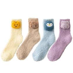 Kuschelige süße Damen-Socken, flauschig, weich, 4 Paar, dick, modisch, Cartoon-Motiv zum Schlafen, mehrfarbig, Einheitsgröße von Generisch