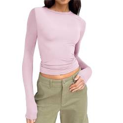 Langarmshirt Slim Fit Damen Y2K Oberteile Langarm Shirts Rundhals Cropped Tee Einfarbig Basic Crop Tops Casual Athletisches Top Teenager Streetwear Casual Rundhals Tee Shirt (A-Pink, M) von Generisch