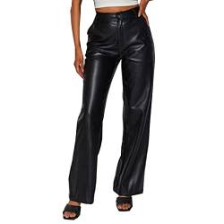 Lederhose Damen Wide Straight Leg Hose Weites Bein Schlaghose PU Kunstlederhosen High Waist mit Tasche Party Kostüm Damen Lederhose Schwarz von Generisch