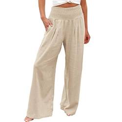 Leinenhose Damen Sommer Bequeme Elastische Yogahose Hohe Taille Weites Bein Freizeithose Leicht und Luftig Soft Stoffhose mit Taschen Baumwolle Leinen Sommerhose Einfarbig Elegant Palazzo Hose von Generisch