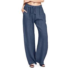 Leinenhose Damen Sommer Lang Sommerhose Leicht Luftig High Waist Casual Baumwolle Leinen Hose Freizeithose Lockere Bequeme Stoffhose Wide Leg Strandhose mit Kordelzug und Taschen B4- Marine S von Generisch