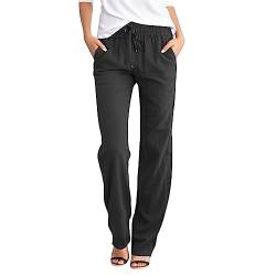 Leinenhose Damen Sommer Lang Sommerhose Leicht und Luftig High Waist Musselin Hose Freizeithose Casual Lockere Bequeme Stoffhose Gerades Bein Strandhose mit Kordelzug und Taschen A1- Schwarz L von Generisch