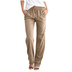 Leinenhose Damen Sommer Lang Sommerhose Leicht und Luftig High Waist Musselin Hose Freizeithose Casual Lockere Bequeme Stoffhose Gerades Bein Strandhose mit Kordelzug und Taschen A5- Khaki S von Generisch