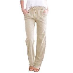 Leinenhose Damen Sommer Lang Sommerhose Leicht und Luftig High Waist Musselin Hose Freizeithose Casual Lockere Bequeme Stoffhose Gerades Bein Strandhose mit Kordelzug und Taschen B2- Beige M von Generisch