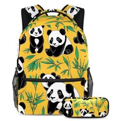 Machen Sie sich bereit für die Schule mit diesem 2-teiligen Schulranzen-Set für Kinder, inklusive Büchertasche und Federmäppchen, niedlichem Panda auf gelb, mehrfarbig, B：29.4x20x40cm P：19x7.5x3.8cm, von Generisch