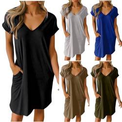 Meine Bestellungen Anzeigen Kleid Damen V-Ausschnitt Kurzarm Midikleid Sommer Casual Freizeitkleid Lang Knielang Kleid Mit Taschen Bequeme Locker Sommerkleid Einfarbig Tshirt Kleider Schwarz M von Generisch