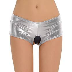 Metallic Glänzende Booty-Shorts Für Damen Tanzslip Mit Hotpants Aus Kunstleder Sexy Wetlook Unterteile Mini Dessous Clubwear (Silber,S) von Generisch