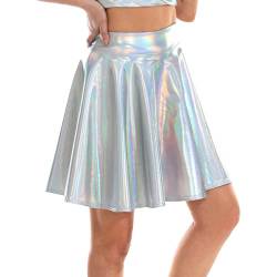 Metallischer Rock Faltenrock Damen Kurz Blau High Waist Rock Sexy Glänzend Metallic Rock Ausgestellter Minirock Plissee A Linie Skater Rock Performance Kostüme Für Halloween Karneval von Generisch