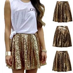 Minirock Damen Glitzer Pailletten Rock Goldener Rock Petticoat Minirock kurz Mini Rock Faltenrock Tanz Rock Stilvoll Glitzer Rock Karneval Rock Hohe Taille Metallischer Mini Glocken Rock (Gold, L) von Generisch