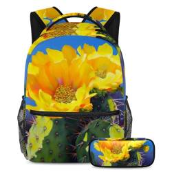 Modisch und funktional, Rucksack mit Federmäppchen, 2-teiliges Set, ideale Büchertasche für Jungen, Mädchen und Teenager, gelbe Kaktusblumen, mehrfarbig, B：29.4x20x40cm P：19x7.5x3.8cm, Tagesrucksäcke von Generisch