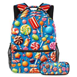 Mühelos cooler Rucksack mit Federmäppchen, das trendige Schulranzen-Set für Jungen, Mädchen und Teenager, blaues Bonbon-Muster, mehrfarbig, B：29.4x20x40cm P：19x7.5x3.8cm, Tagesrucksäcke von Generisch