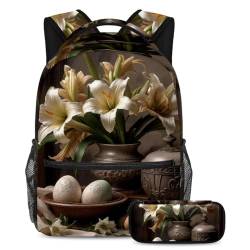 Müheloser Stil, Rucksack mit Federmäppchen, trendiges 2-teiliges Kinder-Schultaschen-Set für Jungen, Mädchen, Teenager, weiße Osterlilien, Eier, mehrfarbig, B：29.4x20x40cm P：19x7.5x3.8cm, von Generisch