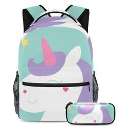 Niedlicher Einhorn-Rucksack mit Federmäppchen, stilvolles und funktionales Set für Jungen, Mädchen, Teenager, Mehrfarbig Nr. 03, B：29.4x20x40cm P：19x7.5x3.8cm, Tagesrucksäcke von Generisch