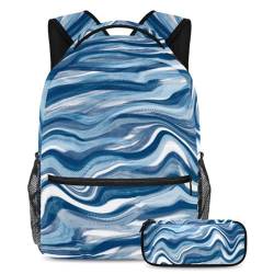 Ocean Waves abstrakte Mode trifft Funktion, 2-teiliges Kinder-Schulranzen-Set mit Rucksack und Federmäppchen, große Kapazität, Reisetasche, Büchertasche für Jungen, Mädchen und Teenager, Mehrfarbig von Generisch