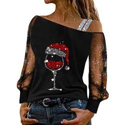 Off Shoulder Weihnachtsshirt Damen Glitzer Chritmas Weinglas Drucken Weihnachtspullover Oberteile Mesh Langarm Tunika Tops Langarmshirts Bluse Elegant Slim Fit Pullover Tshirts Weihnachtsbluse von Generisch