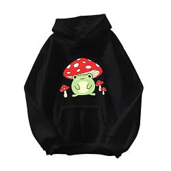 Oversize Hoodie Damen Kapuzenpullover Kawaii Frosch Anime Druck Sweatshirt Mädchen Trainingsjacke Aesthetic Hoody Mit Kapuze Warme Langarmshirt Mädchen Outwear Pullover（Schwarz,XXL von Generisch