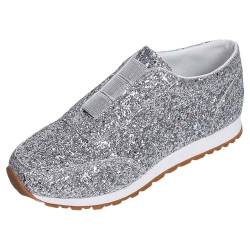 Pailletten Schuhe Damen,Slip-On Sneakers Flache Freizeit Glitzer Sneaker Halbschuhe Leicht Atmungsaktiv Glitzer Schuhe Bequeme Silber Laufschuhe Outdoor Fitness Turnschuhe Sportschuhe von Generisch