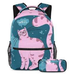 Pink Cat Carry Your Dreams, 2-teiliges Schulranzen-Set für Jungen, Mädchen und Teenager, stilvolle Reise-Büchertasche, Mehrfarbig Nr. 01, B：29.4x20x40cm P：19x7.5x3.8cm, Tagesrucksäcke von Generisch