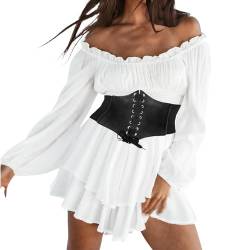 Piratenkostüm Damen Weißes Kleid mit Rüschen Damen Langarm Rüschenkleid mit Langen Puffärmeln, Hemdkleid, Stufenrock Freizeitkleid, Stockholm Style Kleid, Boho Kleid, Skaterkleid, Karneval Kostüm von Generisch