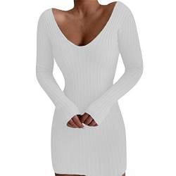 Pulloverkleid Damen Sexy Kurz Knielang V-Ausschnitt A-Linie Figurbetont Strickkleid Tunika Kleid Eng Geripptes Winter Wolle Winterkleid Strickkleider Elegant Baumwolle Herbst Tailliert Langarm von Generisch