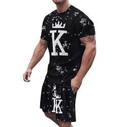 Pyjama Herren Casual Nachtwäsche Set Bedruckte Kurzarm Bermuda Shorts Hose Kurzarm Shorts Zweiteiliges Set Schlafanzug Herren Kurz Sportlicher Rundhals Top Shorts Anzüge Jogging-Sets von Generisch