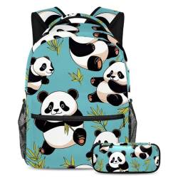 Reisen Sie stilvoll mit diesem Set aus Rucksack und Federmäppchen, perfekte Büchertasche für Studenten, niedlicher Panda auf Blau, mehrfarbig, B：29.4x20x40cm P：19x7.5x3.8cm, Tagesrucksäcke von Generisch