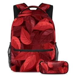 Rucksack mit Federmäppchen, 2-teiliges Schultaschen-Set für Jungen, Mädchen, Teenager, rotes Blattmuster, mehrfarbig, B：29.4x20x40cm P：19x7.5x3.8cm, Tagesrucksäcke von Generisch