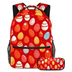 Rucksack mit Federmäppchen, 2-teiliges Set für Jungen, Mädchen, Teenager, Reisebuchtasche für Studenten, Ostereier, Rot, mehrfarbig, B：29.4x20x40cm P：19x7.5x3.8cm, Tagesrucksäcke von Generisch