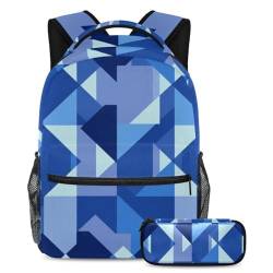Rucksack mit Federmäppchen, die ultimative Büchertasche für Jungen, Mädchen und Teenager, Blau, quadratisch, geometrisch, mehrfarbig, B：29.4x20x40cm P：19x7.5x3.8cm, Tagesrucksäcke von Generisch