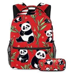 Rucksack mit Federmäppchen, ein stilvolles und praktisches Schulranzen-Set für Jungen, Mädchen und Teenager, niedlicher Panda auf Rot, mehrfarbig, B：29.4x20x40cm P：19x7.5x3.8cm, Tagesrucksäcke von Generisch