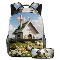 Rucksack mit Federmäppchen, ein stilvolles und praktisches Schulranzen-Set für Jungen, Mädchen und Teenager, weißes Oster-Kreuzhaus, mehrfarbig, B：29.4x20x40cm P：19x7.5x3.8cm, Tagesrucksäcke von Generisch